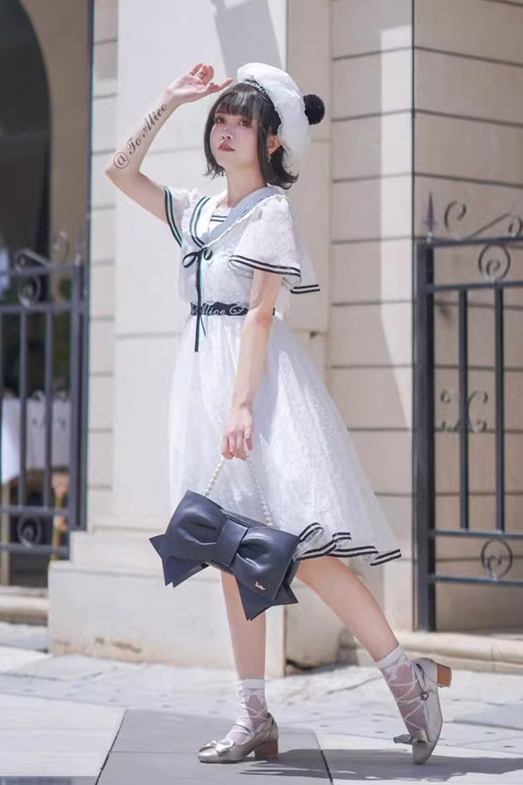 Ivory Navy Collar Ruffled Sailor Dress with Lace-Up - Seaside Sweetheart
