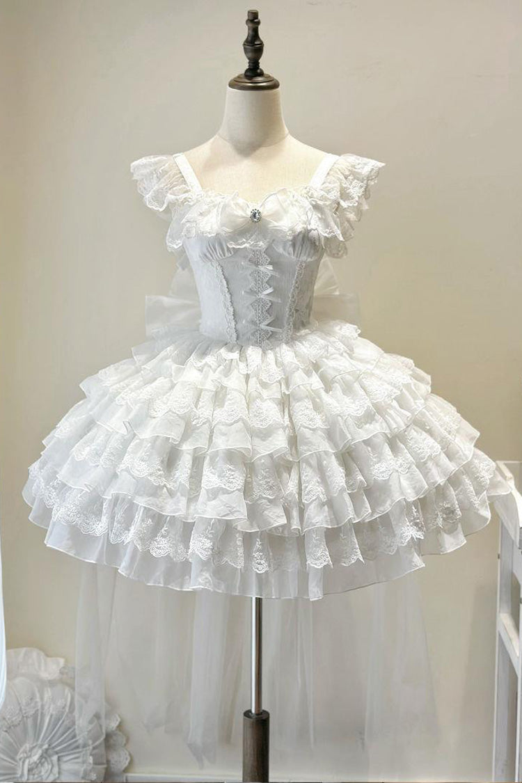 Ivory Sleeveless Multi Ruffle Bow Lace-Up Gothic Ballet JSK