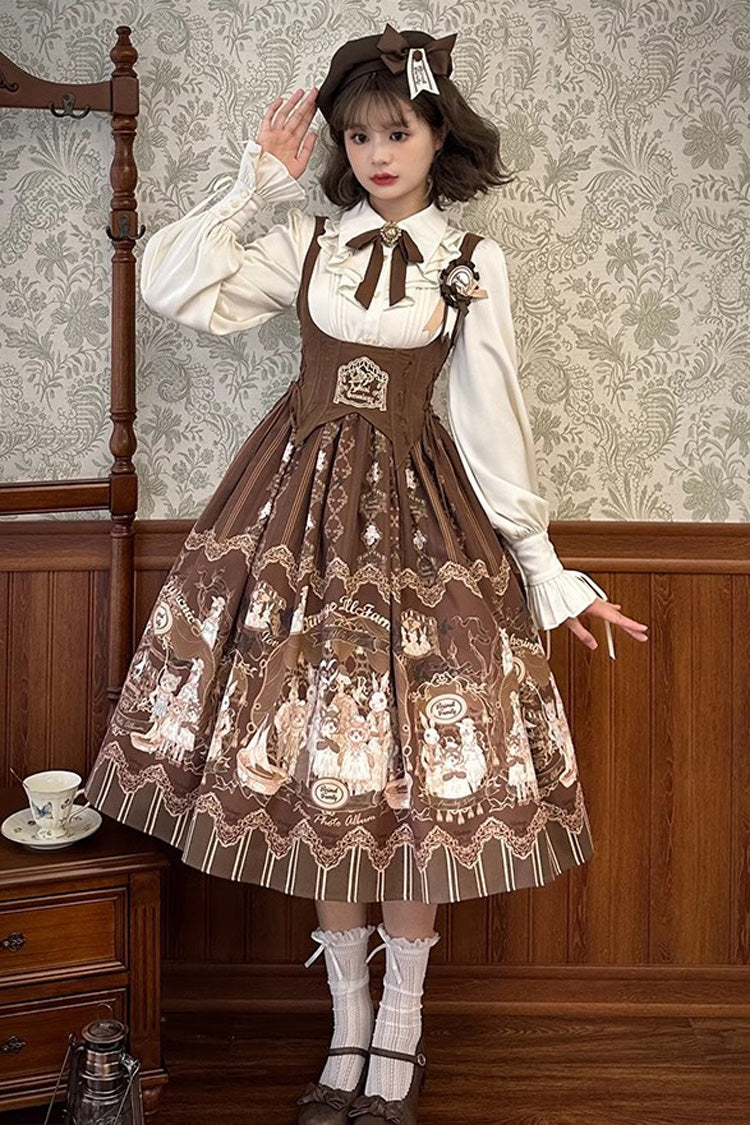 Dollhouse Print Long JSK Dress with Embroidery and Ruffles
