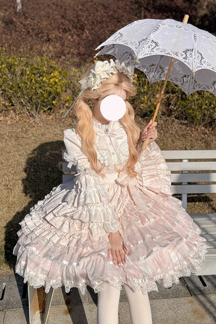 Pink Soloist Doll Long Hime Sleeve Multi-Layer Print Ruffle Bow Asymmetrical Sweet Lolita