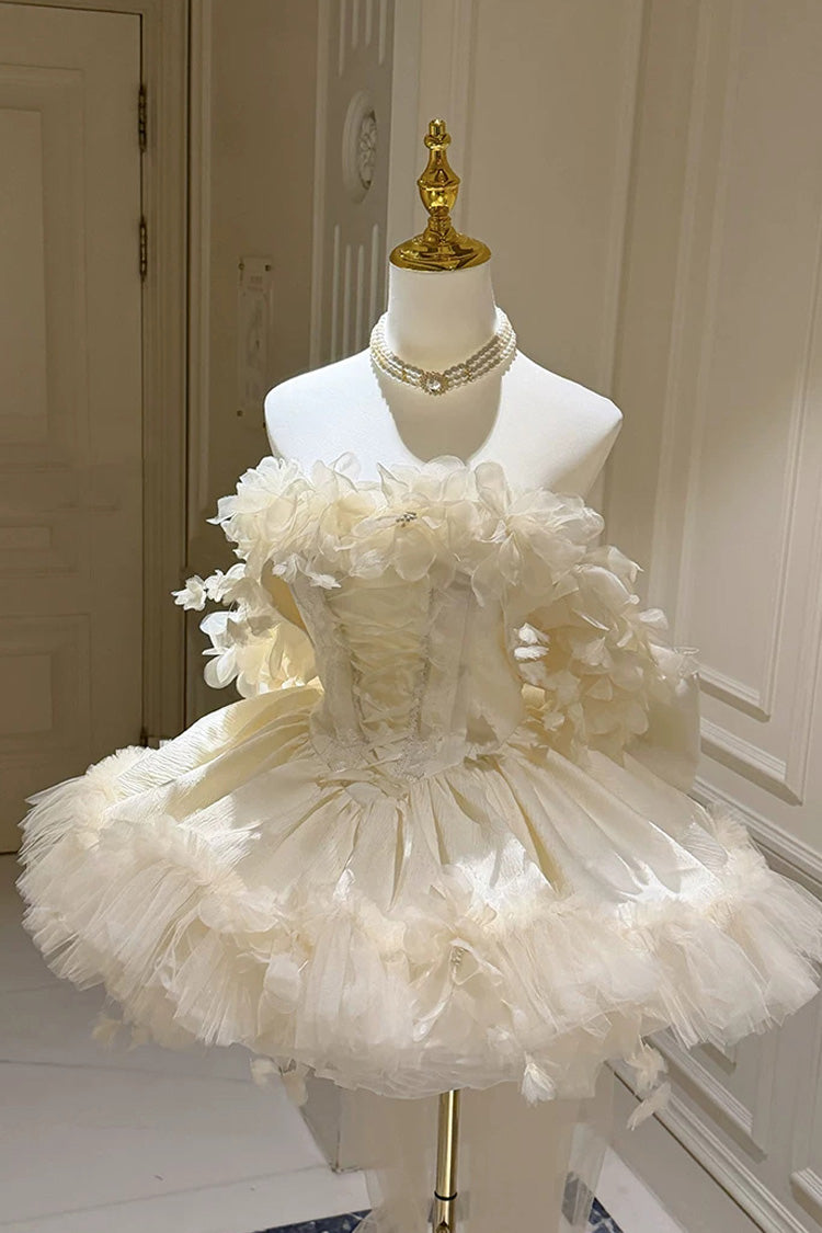 Apricot Sweet Lolita JSK Short Dress with Multi-Layer Ruffled Hanayome Bow Lace-Up and Sleeveless Design