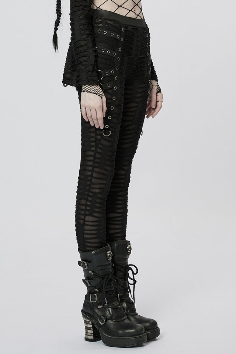 Slim Ripped Tie-Dyed Metal Loop Steampunk Leggings, Two Shades