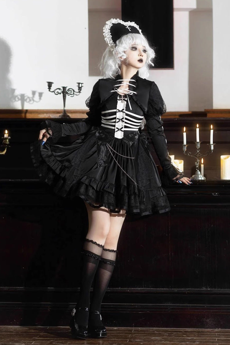 Black Prisoner Illusion Long-Sleeve Multi-Ruffle Bow Gothic Lolita JSK