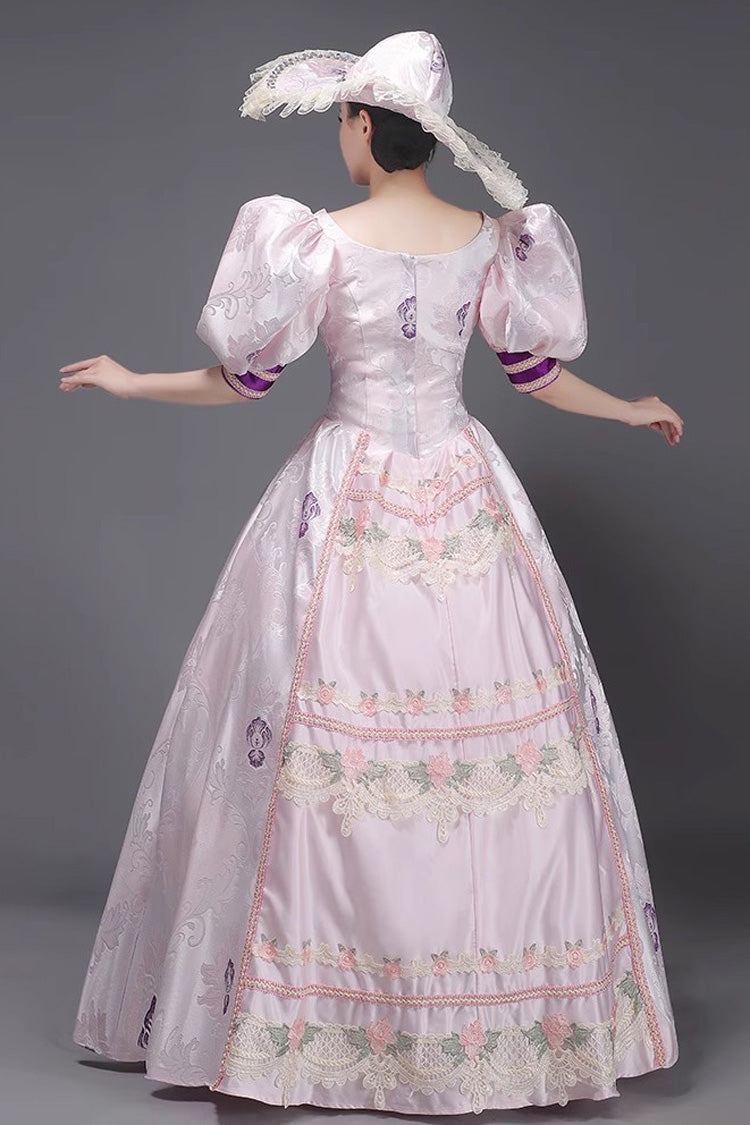 Pink Vintage Princess Dress with Embroidered Short Sleeves