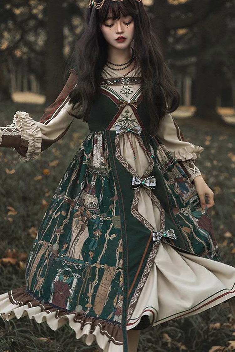 Tarot Print Puff-Sleeved Lolita Dress with Ruffles & Bow