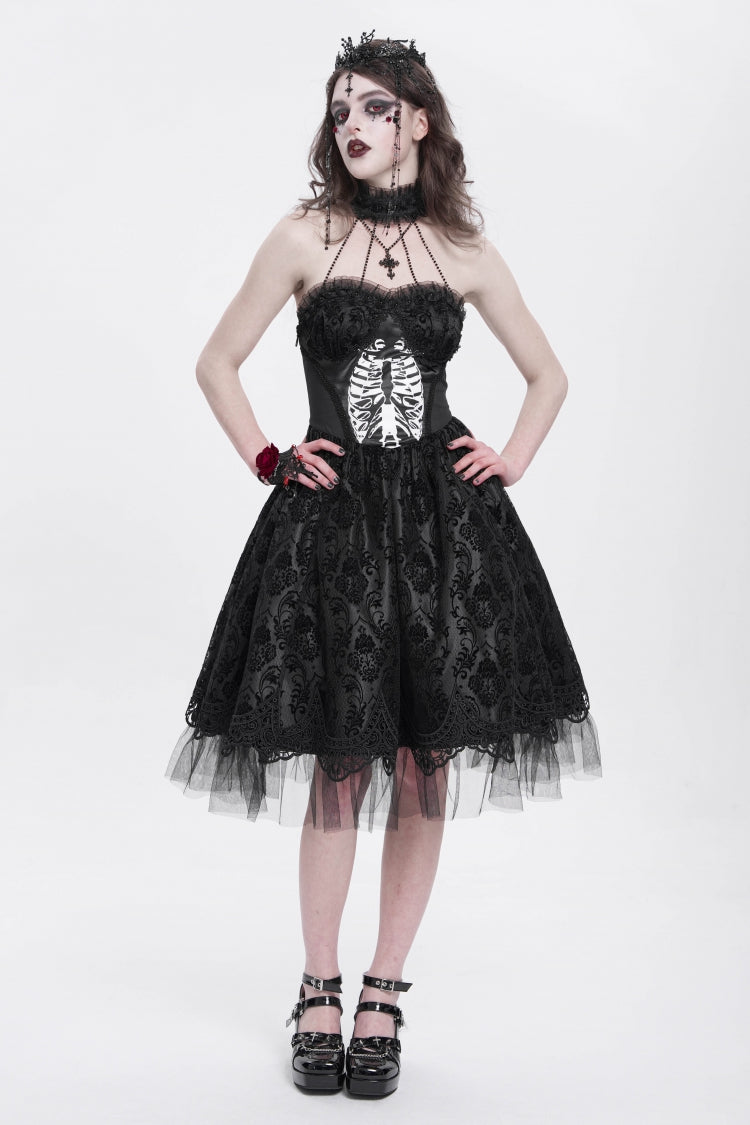 Unique Black Skeleton Print Embroidered Lace Stitching Halter Gothic Gown