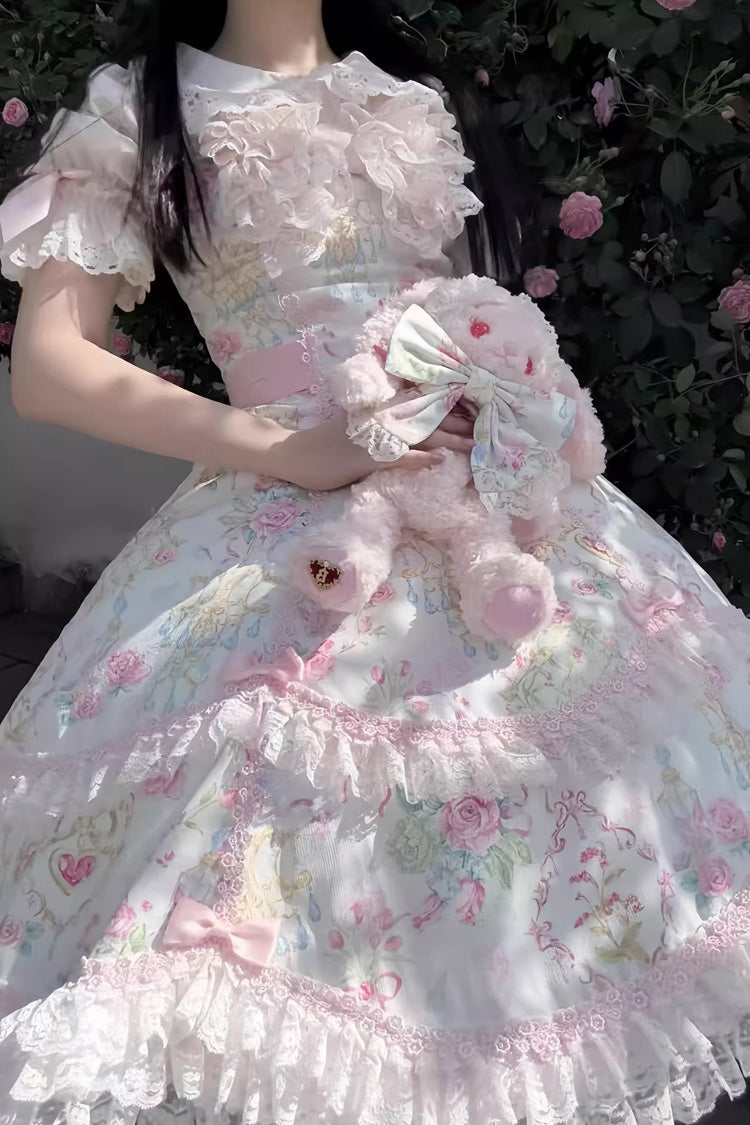 Ivory & Pink Sleeveless Floral Wall Print Lace Bow Sweet Lolita JSK Dress