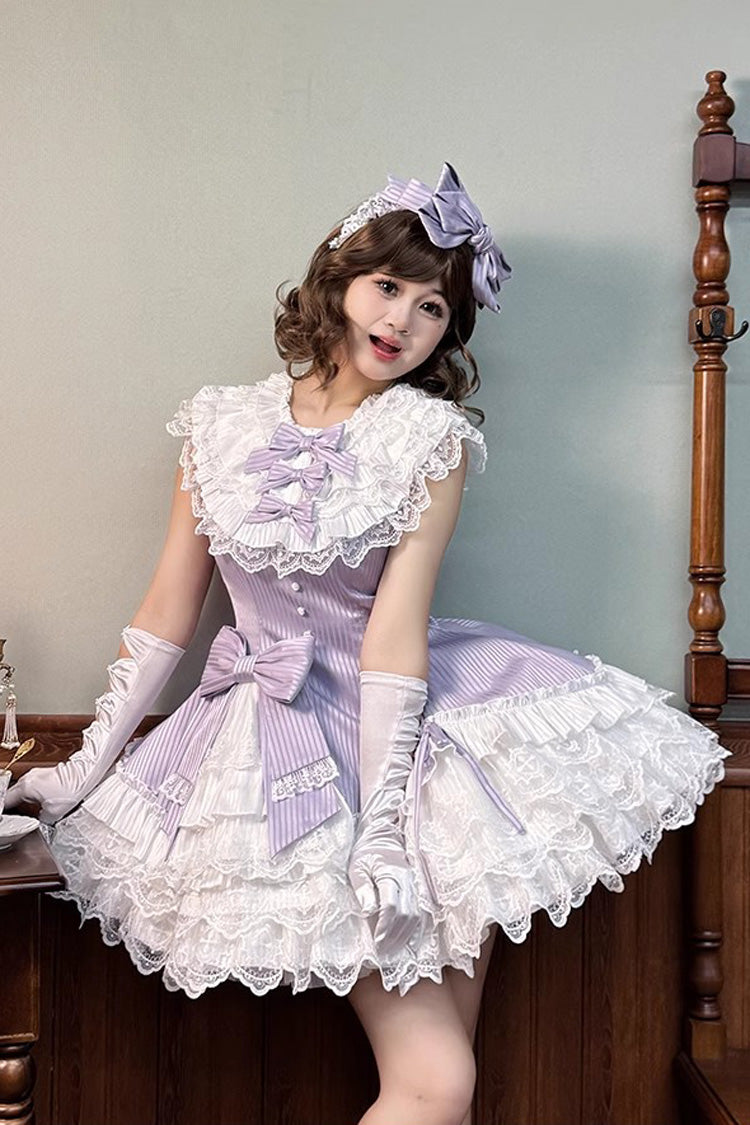 Violet Miss Tsundere Sleeveless Asymmetric Ruffled Bow Lace Princess Dress