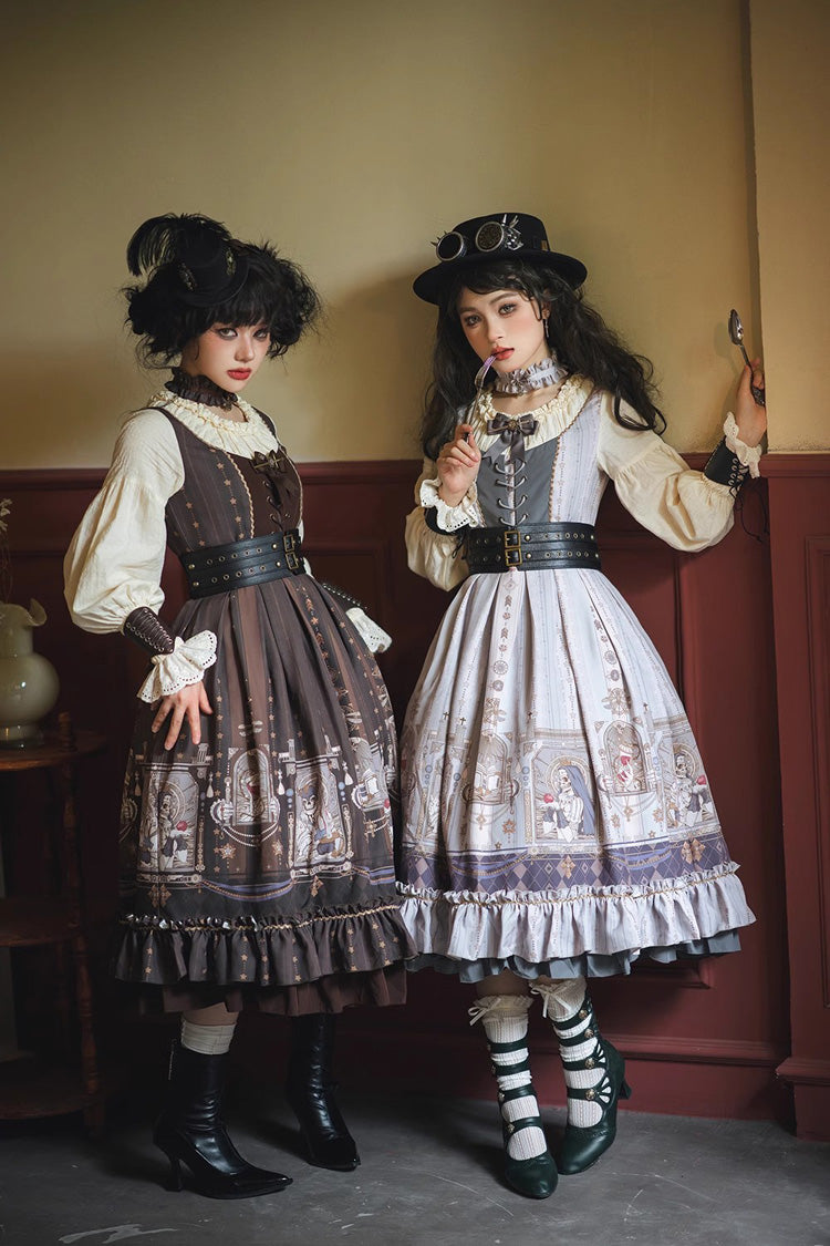 Lantern-Sleeved Lolita Dress with Ruffled Demon Print