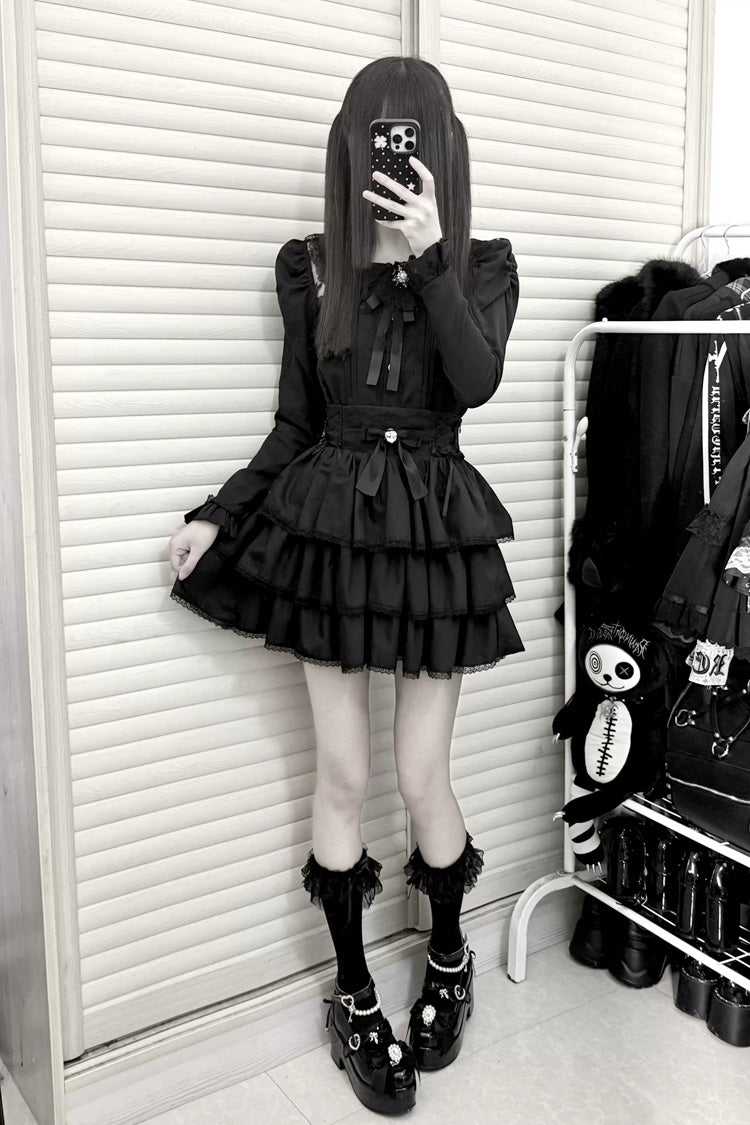 Doll Collar Triple Layered Ruffled Bow Lace Jirai Skirt and Blouse Set in Two Colors