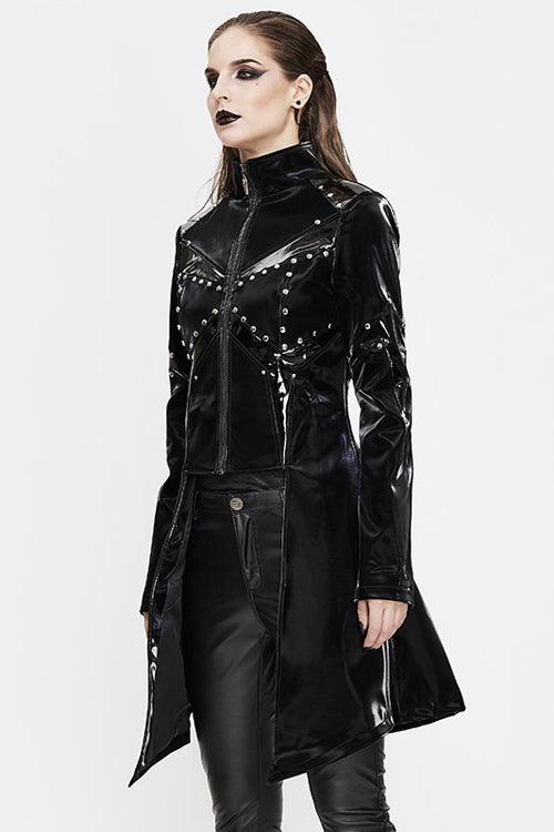Long Leather Punk Coat with Zipper and Rivet Shine