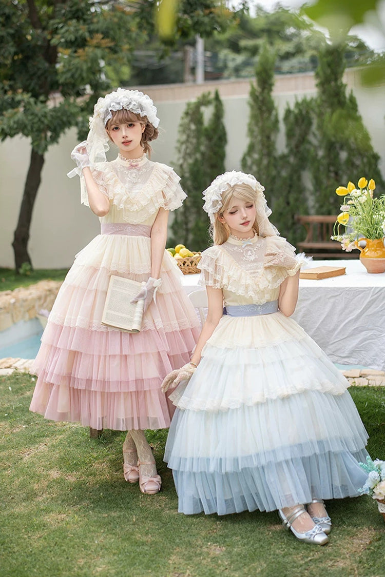Sweet Lolita Dress with Edwardian Collar and Ombre Ruffles - Blue