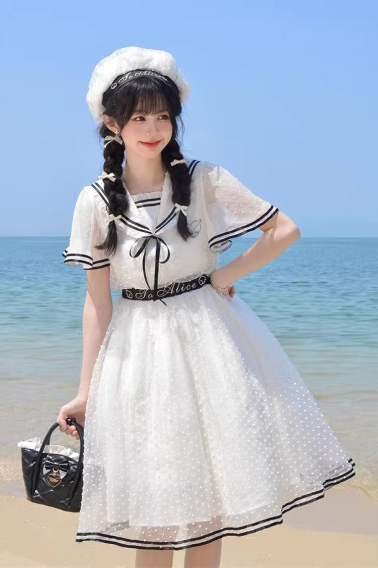 Ivory Navy Collar Ruffled Sailor Dress with Lace-Up - Seaside Sweetheart