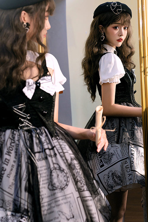 Ebony Dress - Fake Two Piece Vintage Printed Irregular Hem