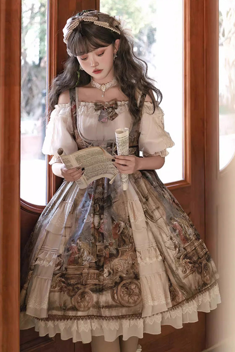 Oil Painting Bowknot Lace Elegant Palace JSK in Brown