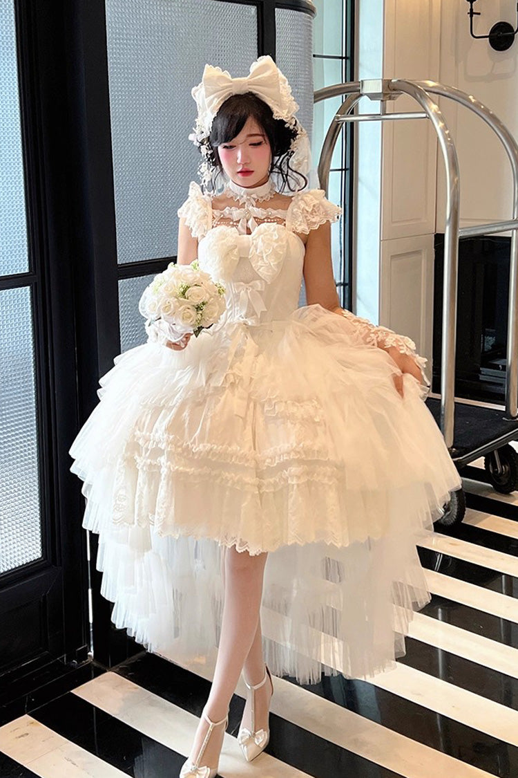 Ivory Halter Ruffle Bridal Bow Lace Gothic Dress