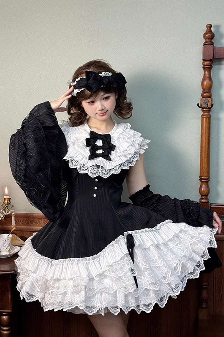 Black/White Asymmetric Lace Bow Sleeveless Multi-Layer Ruffle Sweet Lolita Dress - Miss Tsundere