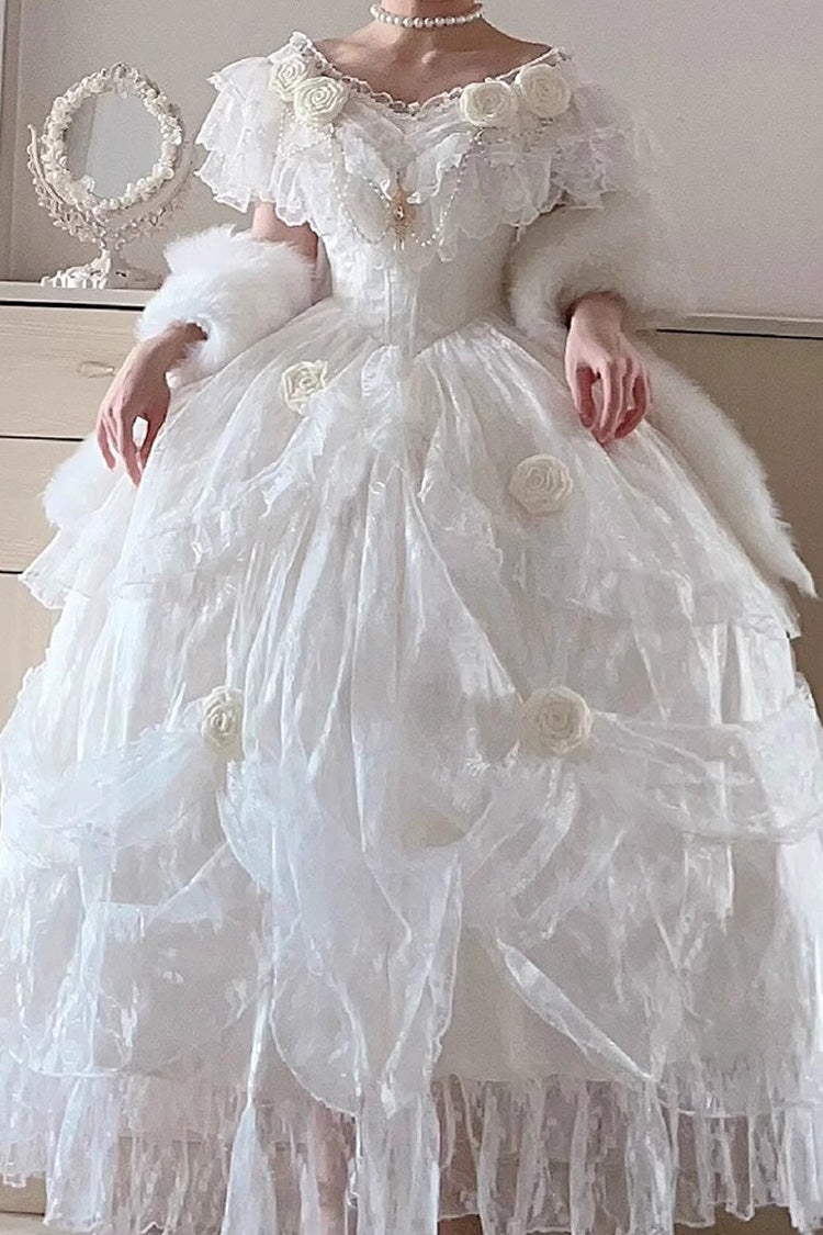 White Rose-Printed Sweet Strapless Dress with Ruffled Sleeves