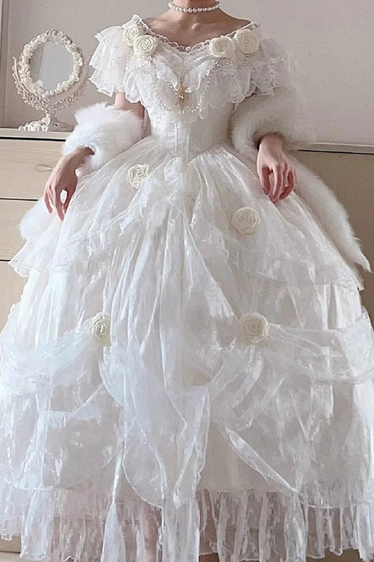 White Rose-Printed Sweet Strapless Dress with Ruffled Sleeves