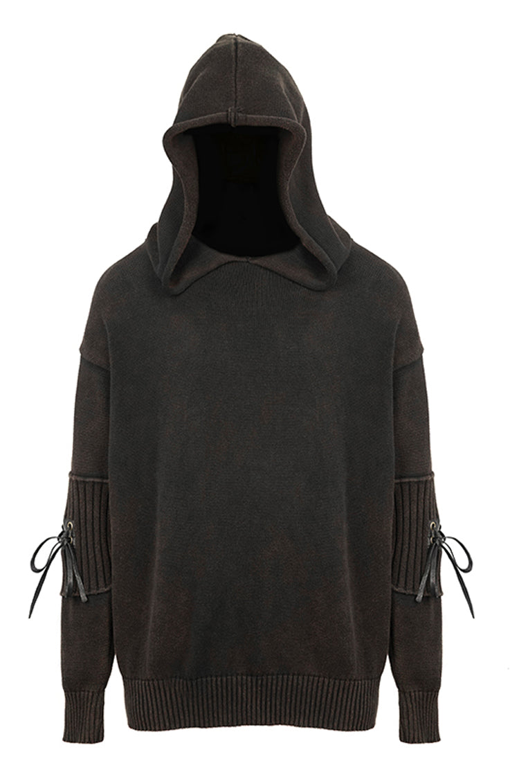 Worn-Out Elbow Leather Strip Lace-Up Hooded Coarse Knit Punk Sweater