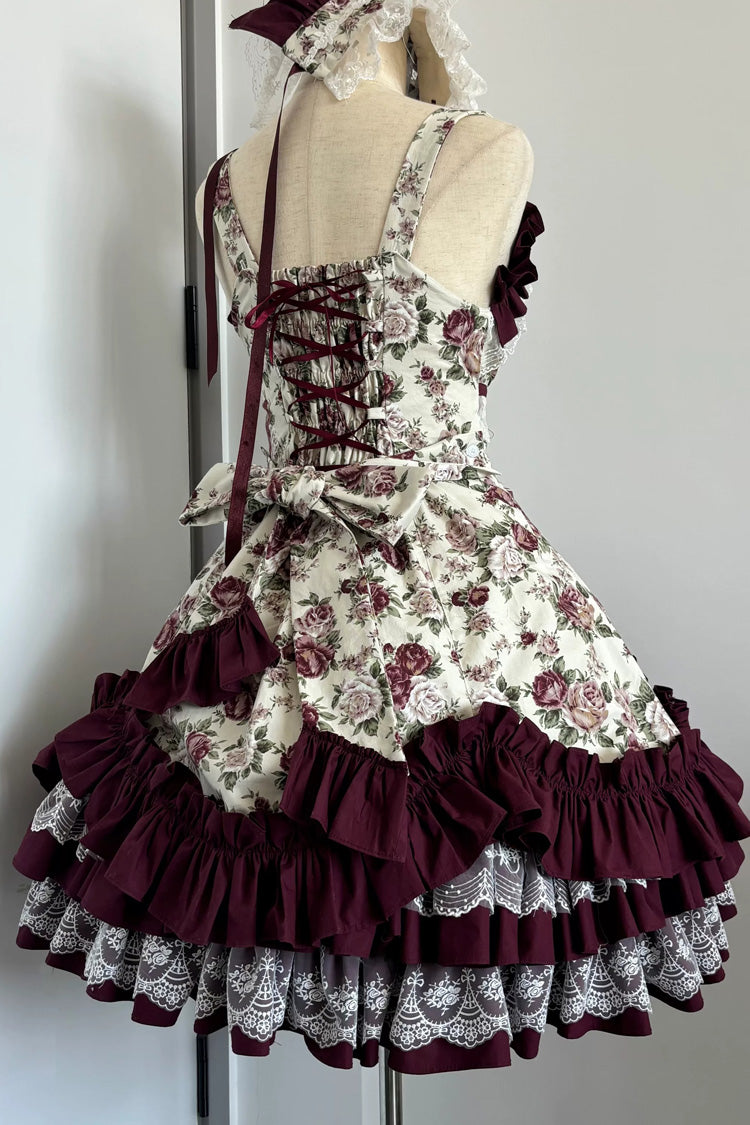 Burgundy Off-Shoulder JSK Dress with Ruffled Lace