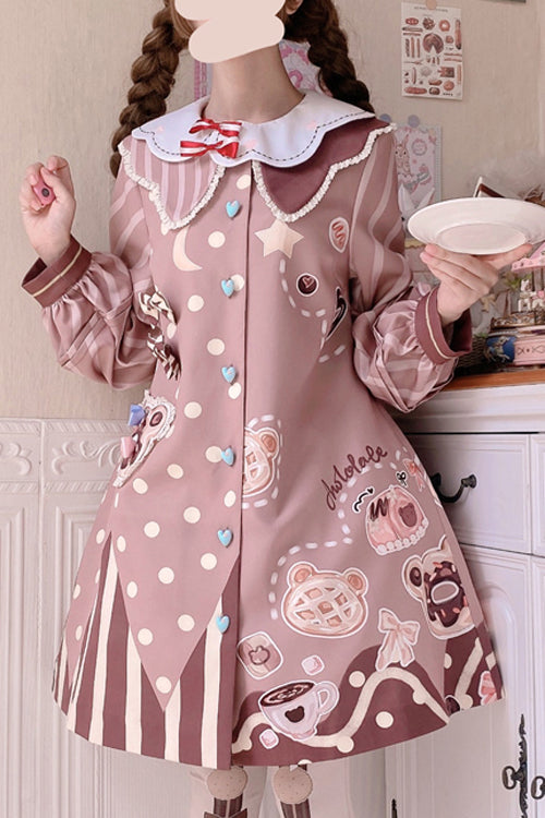 Pink Bear-Print Lantern-Sleeve OP Dress with Lapel Collar