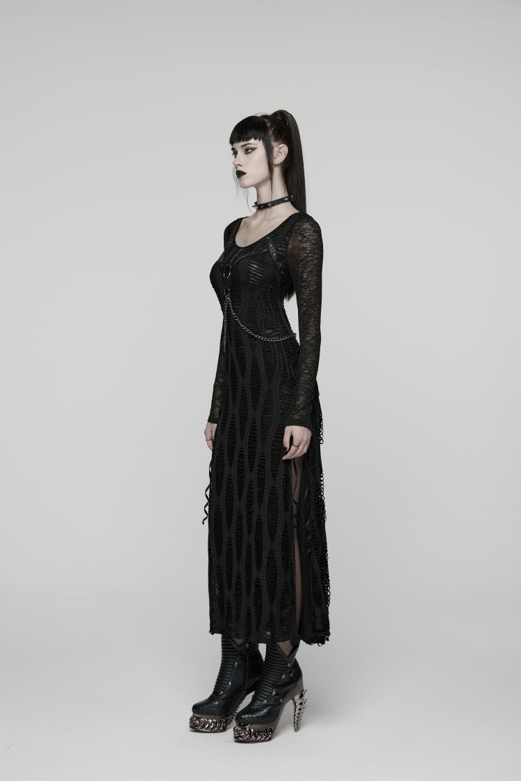 Dark Crewneck Long-Sleeve Cutout Lace-Up Slim Chain-Decorated Eyelet Punk Dress for Women