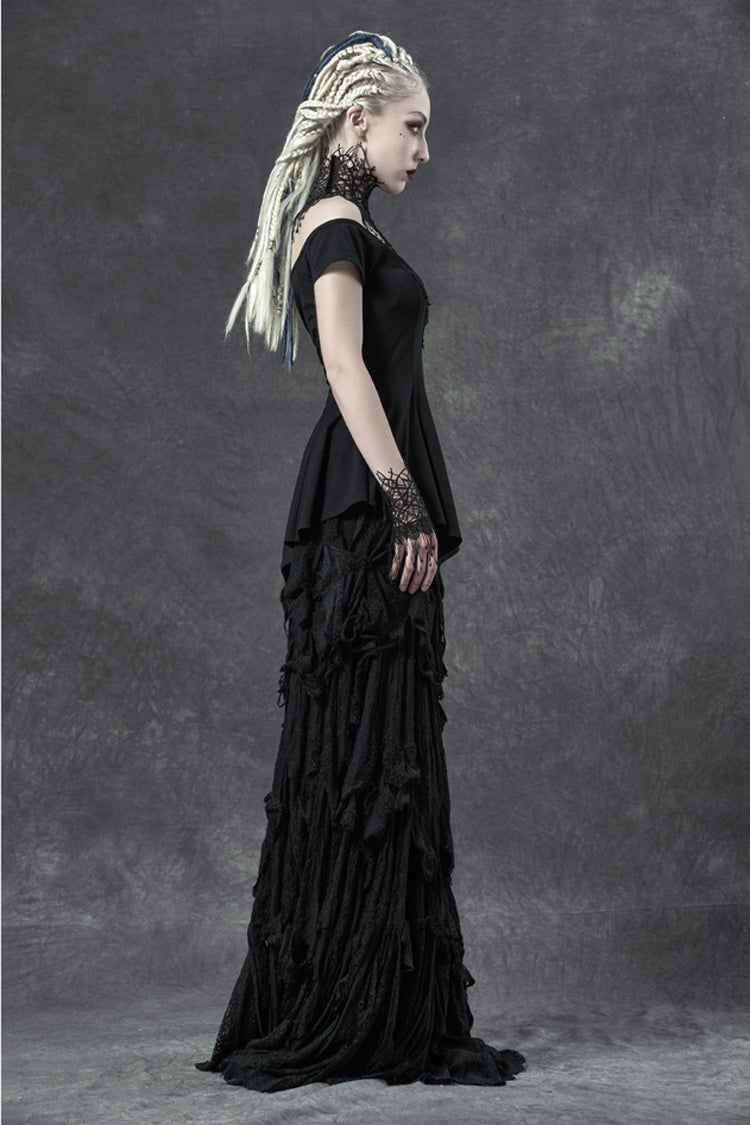 Gothic Tee with Lace Embroidery and Frilled Hem for Women