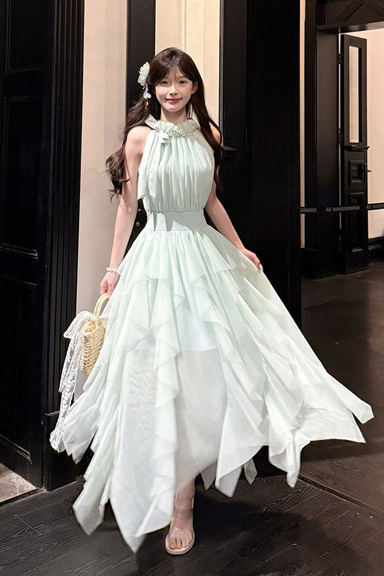 Green Halterneck Ruffled Irregular Sweet Dress
