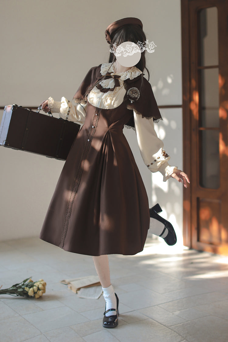 Fake Two Piece Vintage Ruffle Bowknot Lolita Dress Brown White
