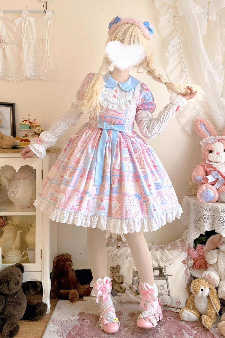 Lapel Collar Long Sleeve Printed Bow Sweet Lolita Dress