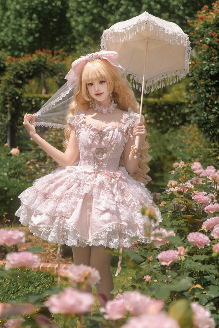 Anna's Ball Square Collar Ruffled Hanayome Bow Lace Ballet JSK - Pink