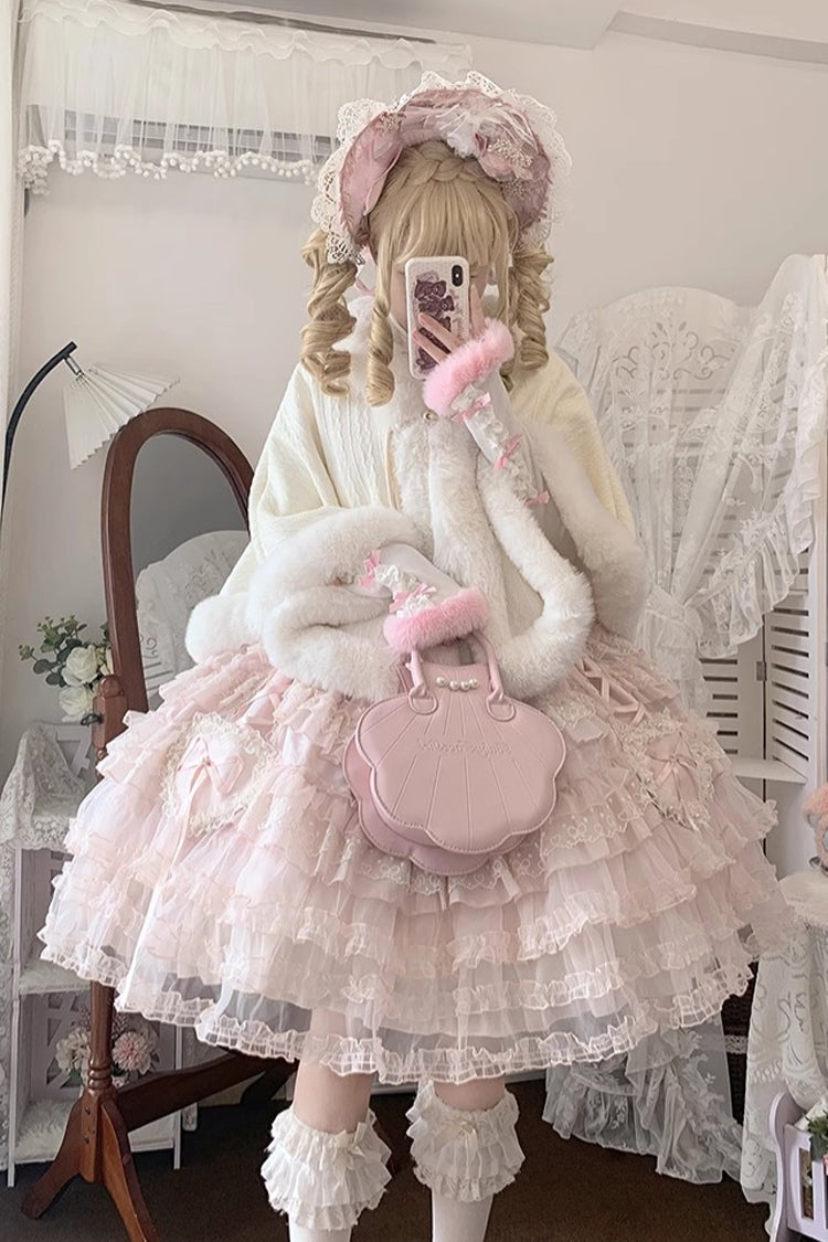 Pink Multi-Layered Ruffled Hanayome Embroidered Bow Lace Sweet JSK - Sweetheart Diary