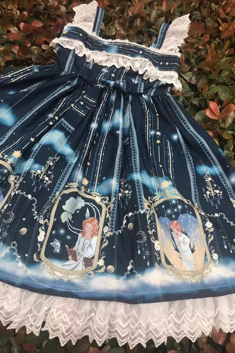 Blessing of Oriel Print Ruffled Bow Stitched Lace Sweet Lolita JSK Gown in 4 Shades