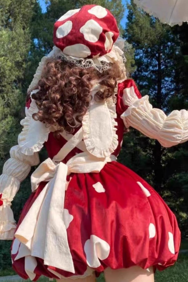 Red Mushrooms Print Short Sleeves Bow Sweet Lolita Jsk Dress