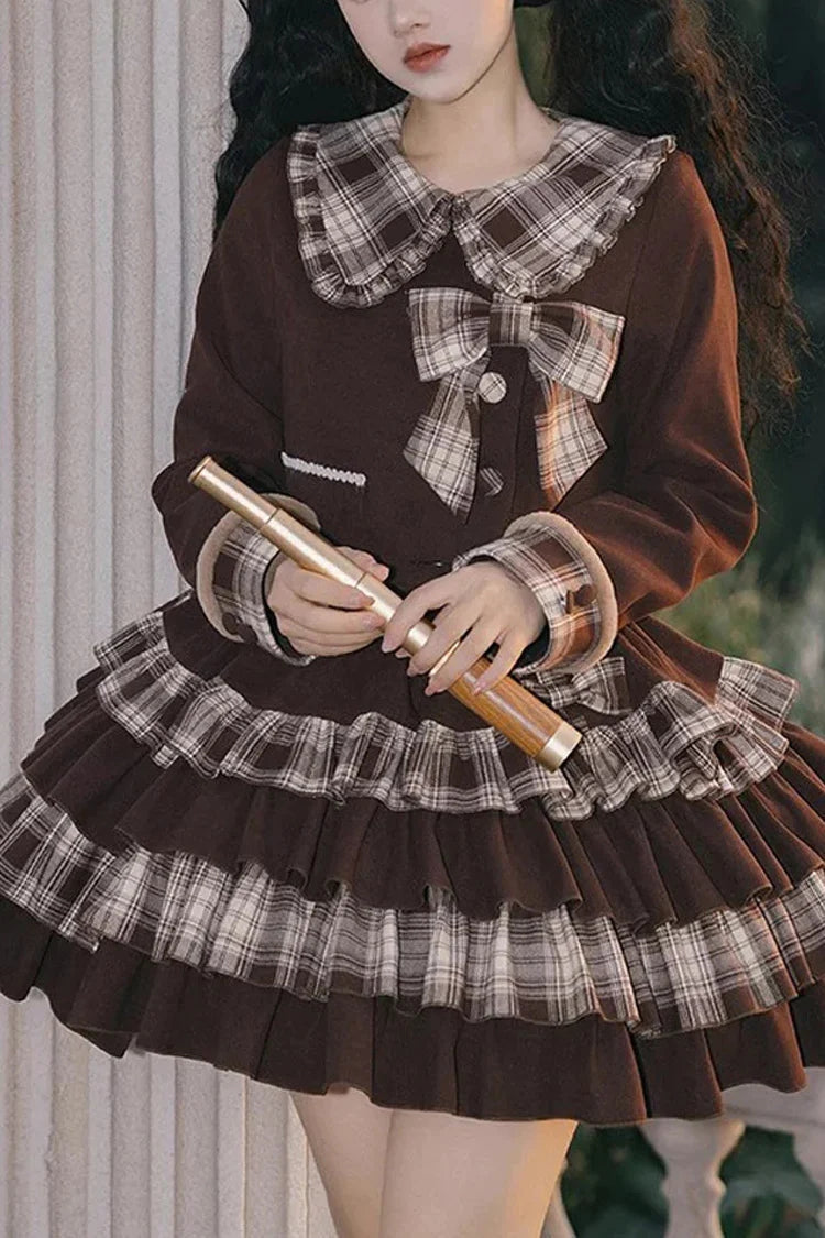 Chocolate Multi-Layer Bowknot College Autumn-Winter Princess Sweet Lolita Skirt Set