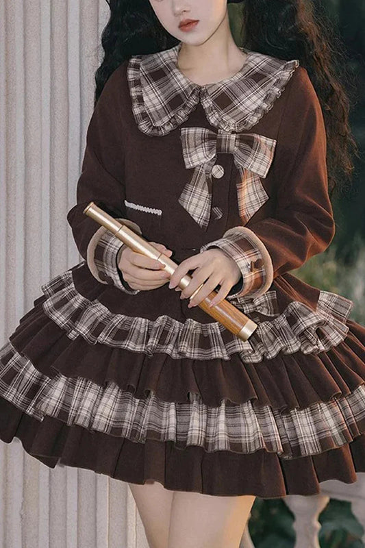 Chocolate Multi-Layer Bowknot College Autumn-Winter Princess Sweet Lolita Skirt Set