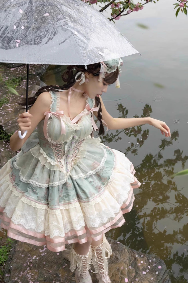 Green Multi-Layer Printed Elegant Lolita JSK Dress - Bowknot Ruffled