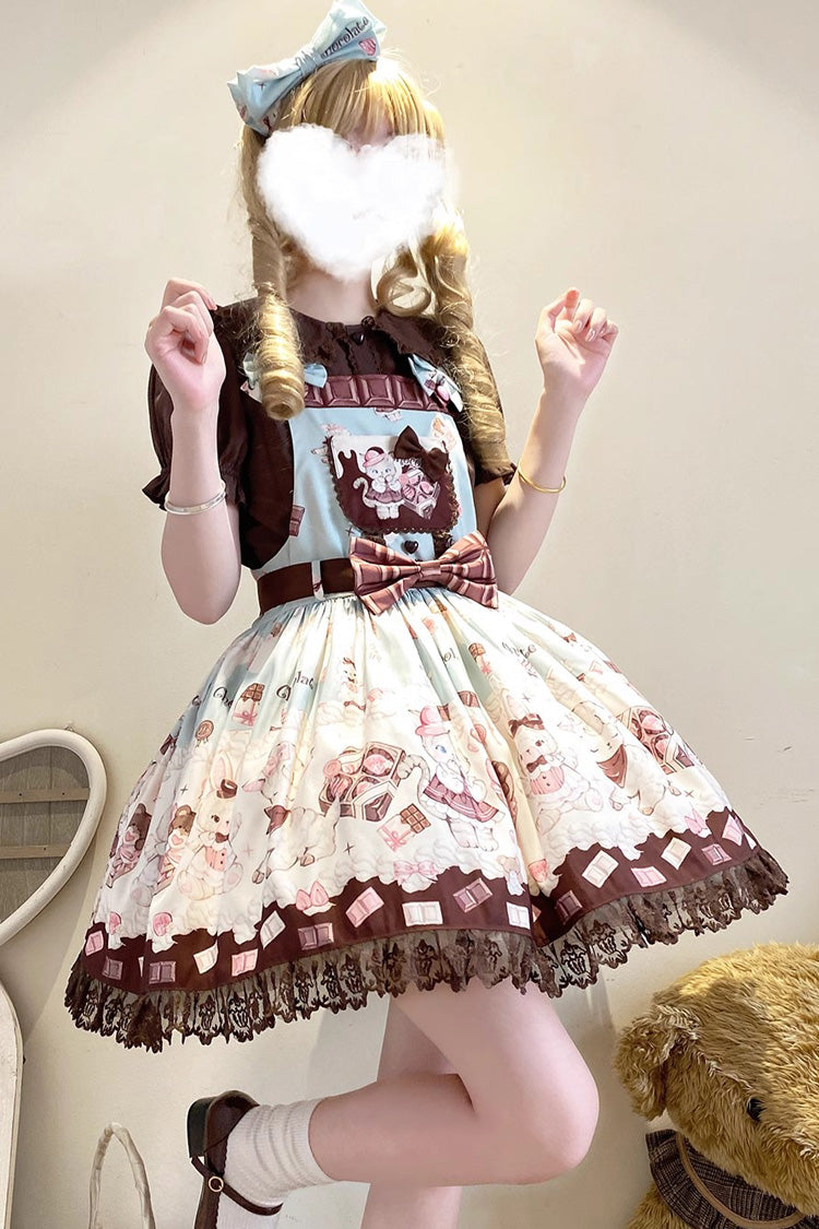 Chocolate Rosette Cat Printed Bow Stitching Lace Sweet Lolita JSK Dress