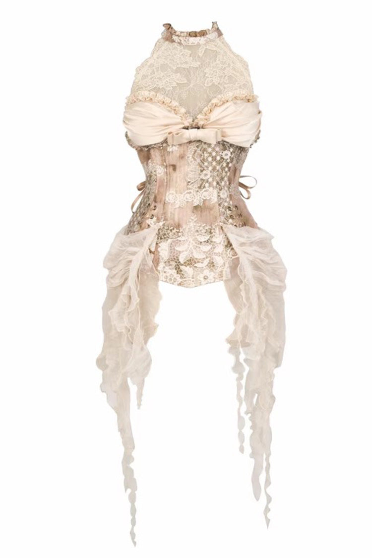 Golden Cupid’s Poetry Box Halterneck Ruffled Embroidered Bow Lace Slim Fishbone Gothic Lolita Top and Skirt Dress Set