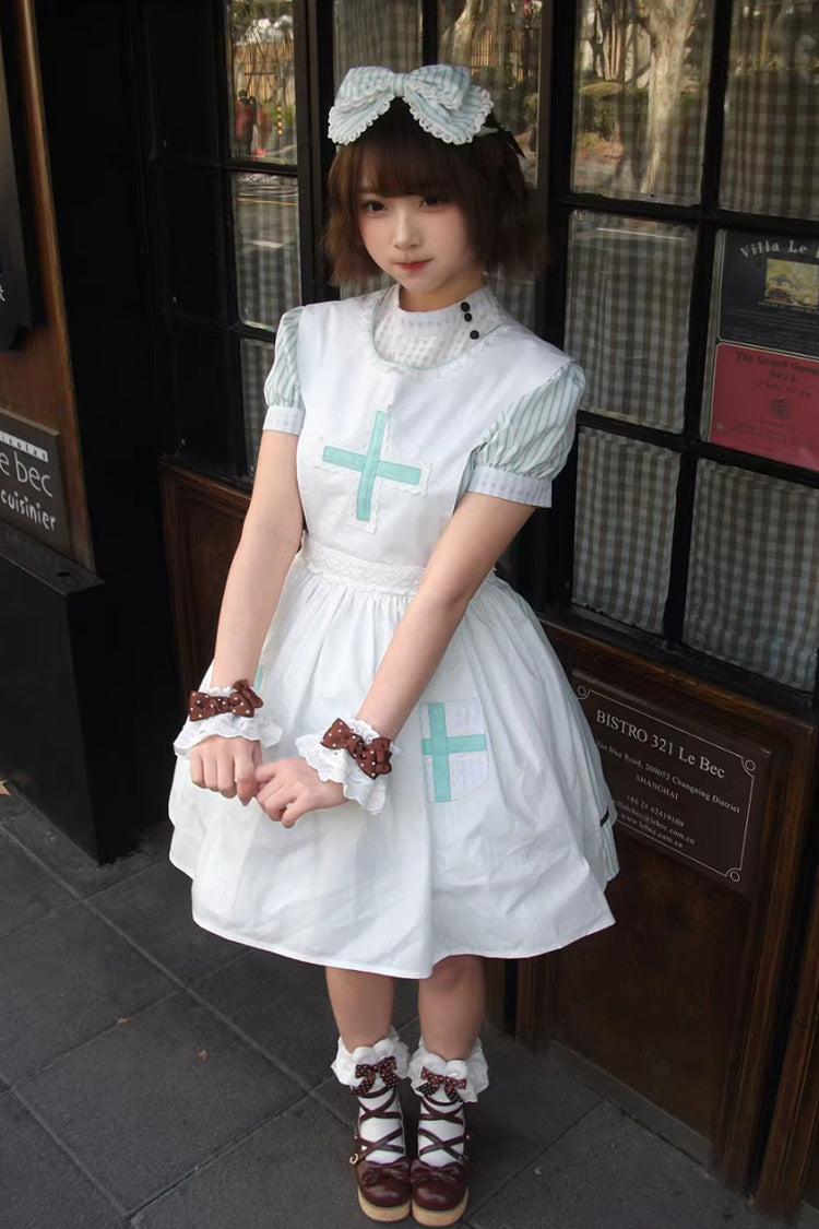 Green Striped Bow Nurse Lolita Stand-Collar