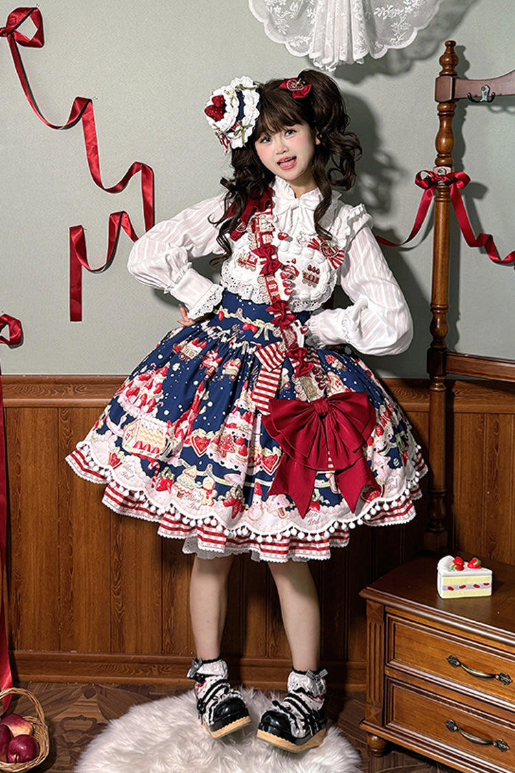 Mint Strawberry Dessert Printed Natural Waist Sweet Lolita JSK Dress - Ruffled