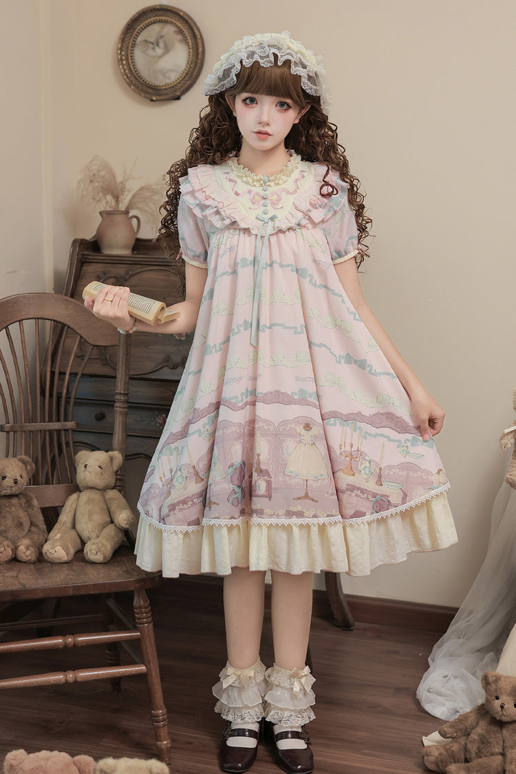 Brown Dollhouse Short Sleeves Bear Printed Ruffled Bow Sweet Lolita Dress Set - Pink