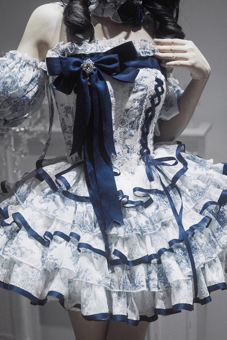 Cerulean and Ivory Sleeveless Multi-Layer Bow Print Chinese Classic Sweet Lolita JSK Short Dress