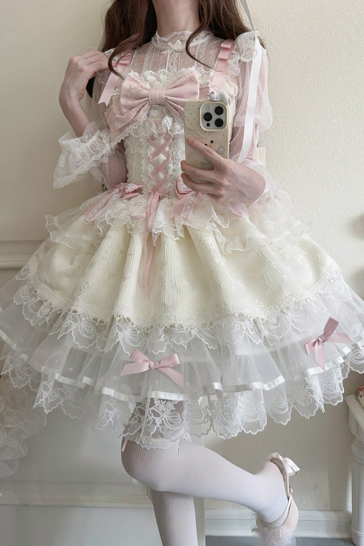 Apricot Sweet Ballet Lolita JSK Dress with Sleeveless Ruffles Bowknot Lace and Slim Fit