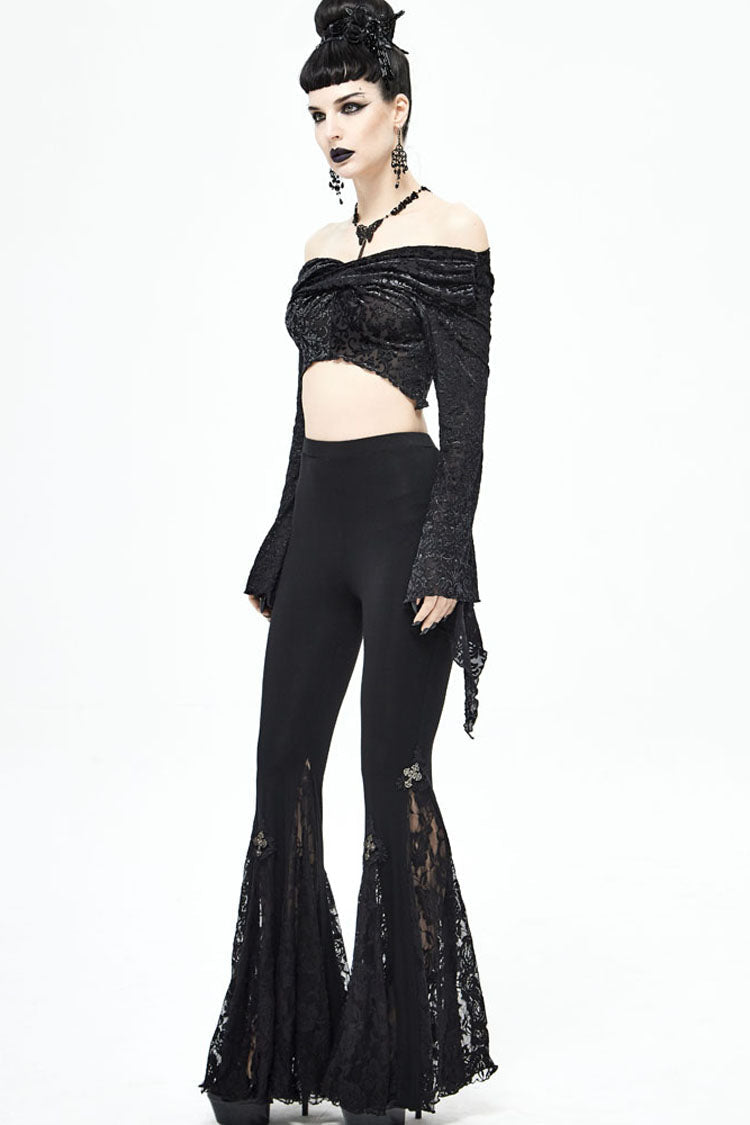 Jet-Black Off-Shoulder Punk Shirt with Burned Velvet Texture