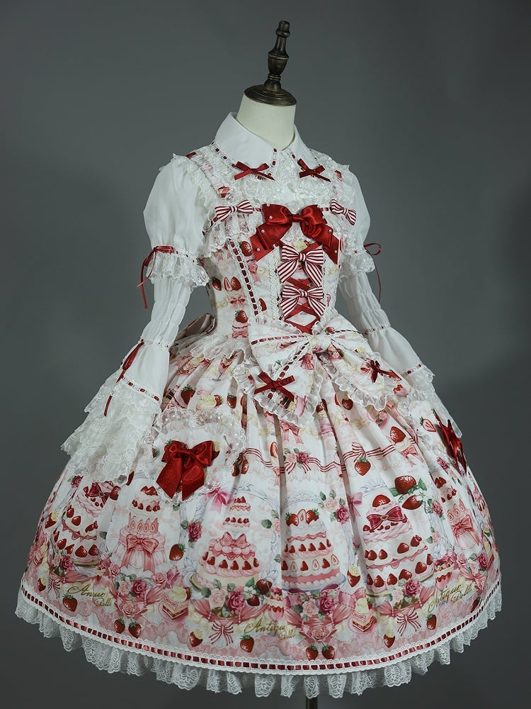 and Sweet Full Bow Desserts Lolita Set Print White / JSK Accents Strawberry