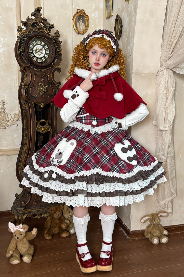Crimson Layered Ruffled Bow JSK Dress Set with Floral Print
