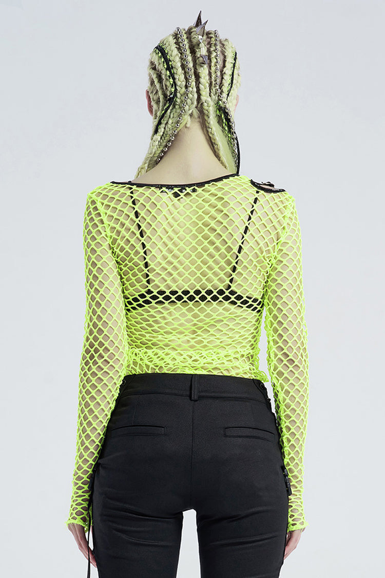 Emerald Punk T-Shirt with Hollow Shoulder and Coarse Mesh Details