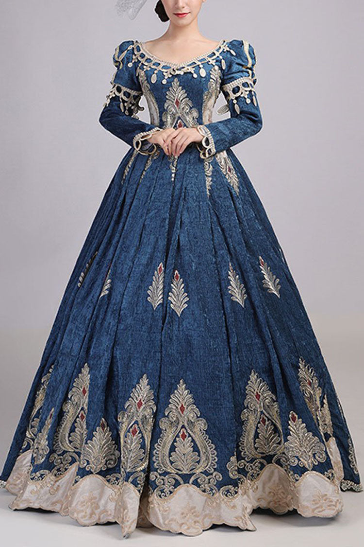 Victorian Embroidered Hollow High-Waist Gown with Lace Sleeves